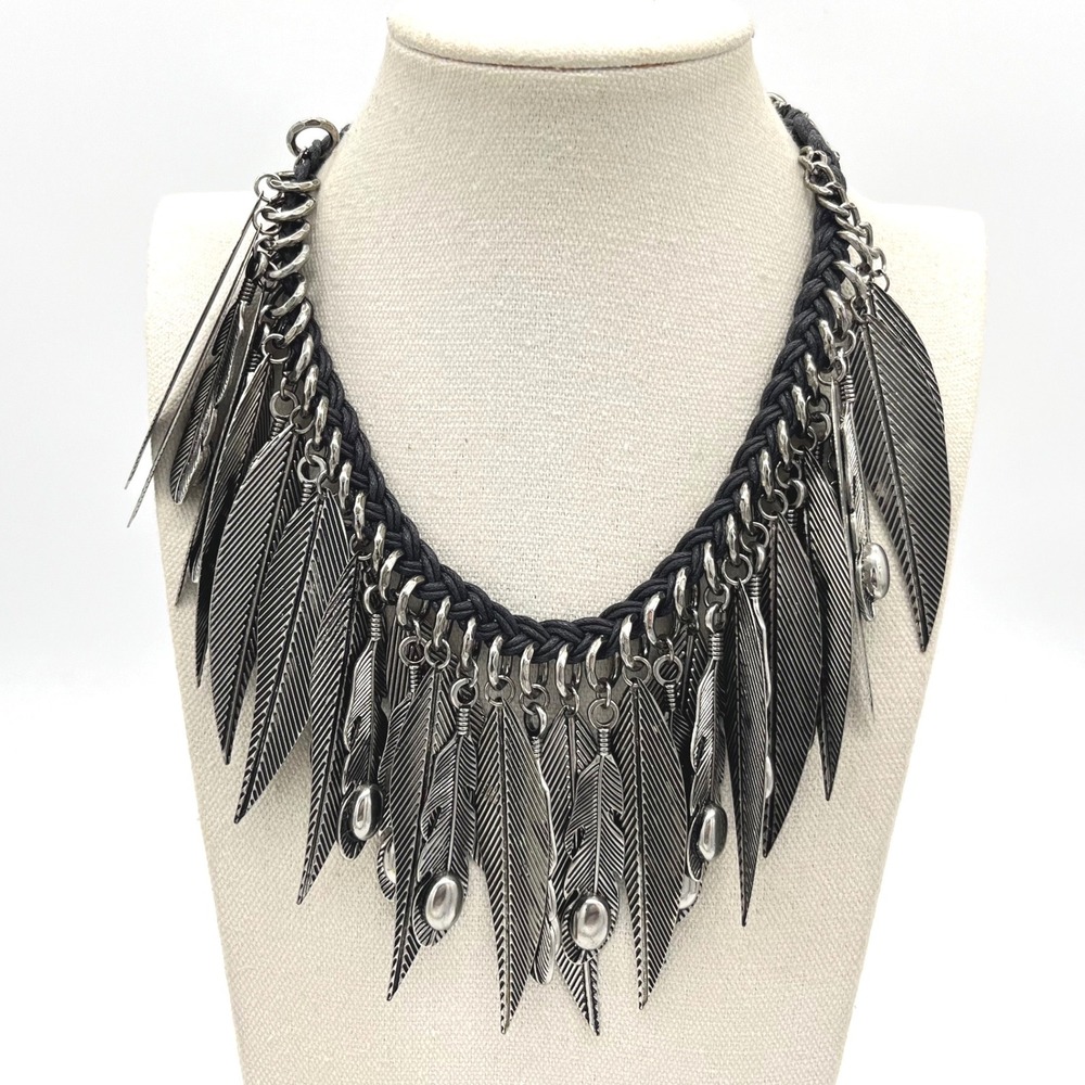 Bohemian Silver Tone Feather Fringe Statement Collar Necklace Black Braided Cord
